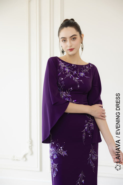 Purple column dress with cape sleeves